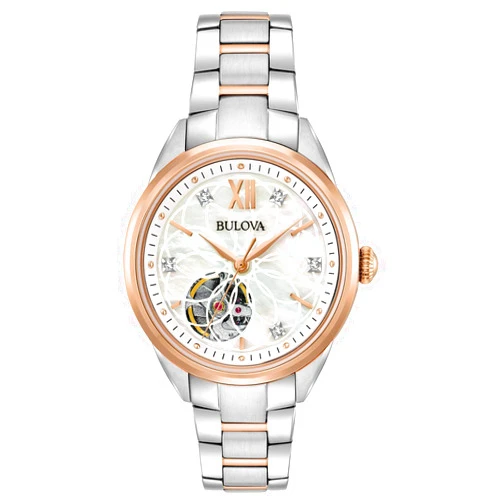 Bulova Ladies' Classic Diamond 3-Hand Automatic in Stainless Steel, Mother-of-Pearl Dial and Open Aperture Dial