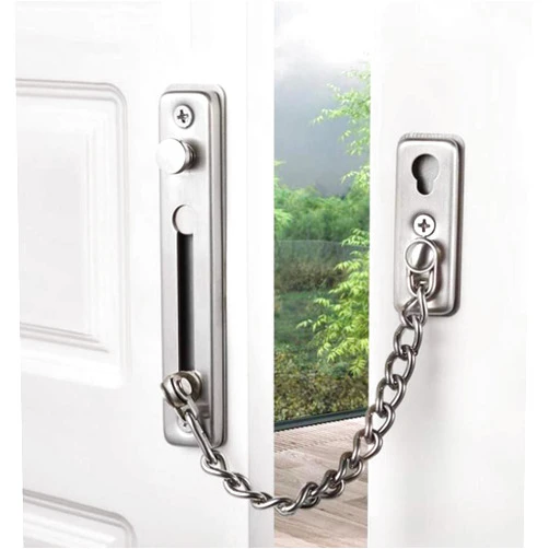 KAFENDA Security Door Chain Lock Sturdy Door Lock Latch for Inside Door Stainless Steel Hotel Door Lock with Spring Button Door Locks for Kids Safety Brushed Steel Finish
