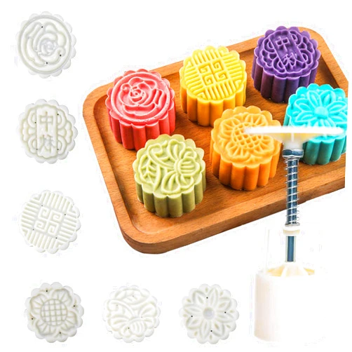 WeTop Moon Cake Mold 6 PCS, Mid Autumn Festival DIY Hand Press Cookie Stamps Pastry Tool Moon Cake Maker, Flower Mode Patterns 1 Mold 6 Stamps 50g (White).