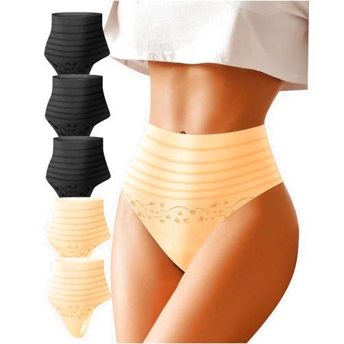 MEIYATING Women's Seamless Thongs High Waisted Underwear No Show Tummy Control Thongs Panties 5 Pack S-XXL