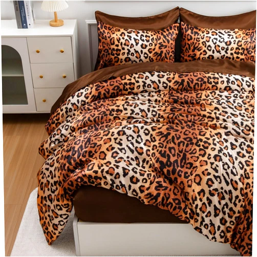 A Nice Night Leopard Printed,Silver Grey Satin Silky Soft Quilt Sexy Luxury Super Soft Microfiber Comforter Quilt Bedding 5PCS Comforter Set, Light Weighted (Coffee, Queen(88-by-88-inches))