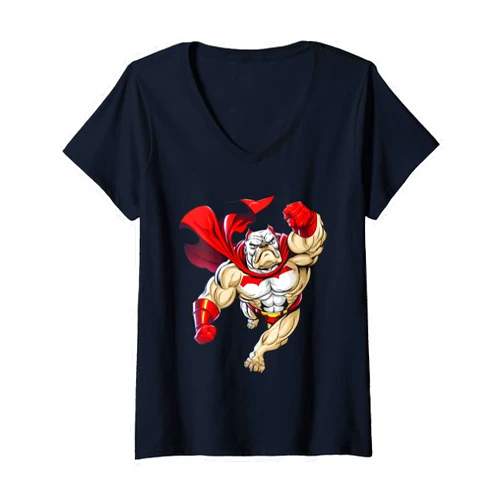Bulldog Lover Womens Superhero Bulldog Red Cape Super Hero Dog V-Neck T-Shirt
