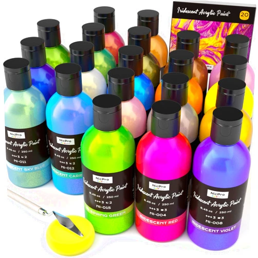 Nicpro 20 Colors Iridescent Acrylic Paint, 8.45oz / 250ml Large Bulk Metallic Acrylic Paint,Color Shifting & Non-Toxic Art Painting Supplies For Canvas Fabric Rock Wood with Paint Knife Color Wheel