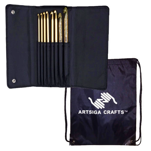 addi Click Crochet Hook 6.5-Inch Interchangeable Aluminum & Plastic Booster Pack Set Sizes 3.75mm and US F, G, H, I, J, L and M, Use with Other Click Sets, Bundle with 1 Artsiga Crafts Project Bag