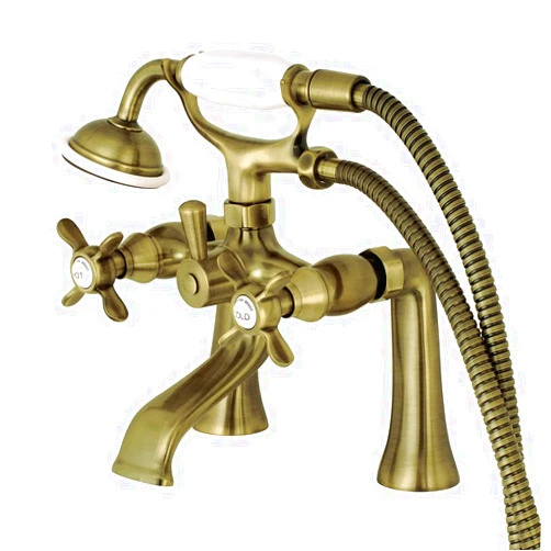 Kingston Brass KS288AB Essex 2-Handle Deck Mount Clawfoot Tub Faucet with Hand Shower, Antique Brass