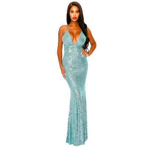 FECO DI FIORI Elegant Aqua Marine Maxi Dress with Sequins – Floor-Length Gown for Weddings, Proms, and Formal Events