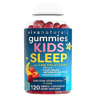 Viva Naturals Melatonin Gummies for Kids (120 Gummies), Delicious Strawberry Flavor - Natural Sleep Aid to Promote Non-Habit Forming Restful Sleep, Chewable Children Melatonin Gummy