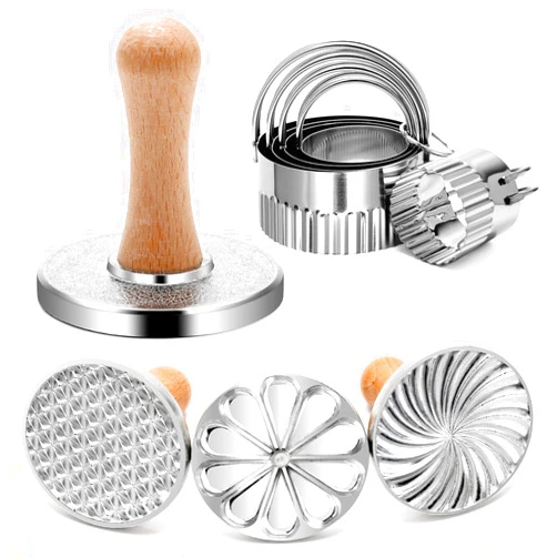 Luxiv 3+5 Cookie Stamps Biscuit Cutter Set, Luxiv 3 Molds Metal Cookie Press Mold Wooden Handle Biscuit Embossing Stamp Mold, 5 Size Cookie Cutter Tool, Hand-press Cookie Stamper for DIY Baking Tool