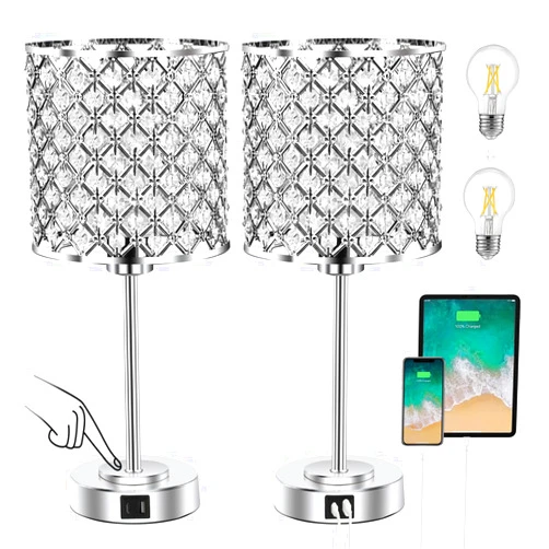GyroVu Crystal Table Bedside Lamp Touch Control, 3-Way Dimmable Small Nightstand Lamp Set of 2 with USB-C+A Charging Ports, Decorative Silver Tabletop Lamp for Bedroom Living Room Guest Room, Bulbs Included