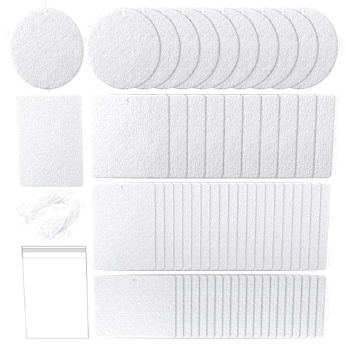 Finphoon 60 Pieces Sublimation Air Fresheners Blanks, 4 Styles Air Freshener Blanks Sheets Felt with 100pcs Packaging Bags and 98.4 feet Rope for DIY Car Interior and Decor White