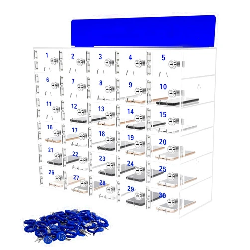 Lemoeyes Acrylic Cell Phone Locker Box, 30 Slots Clear Cell Phones Storage Cabinet with Door Lock Keys and Charging Slot, Tabletop/Wall-Mounted Pocket Locker for Office Classroom Conference Room