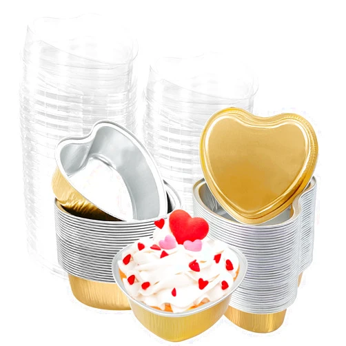 Augoog 50Pcs Mini Heart Shaped Cake Pans with Lids,100 ml 3.4 oz Disposable Cupcake Cup Mini Aluminum Foil Baking Cups Ramekins Muffin Cupcake Liners for Valentine Wedding Birthday Party,Gold