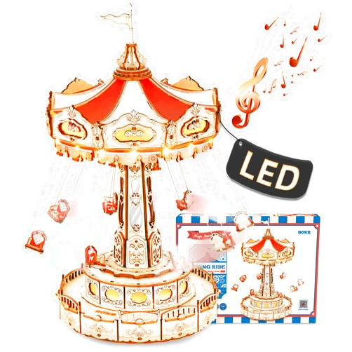 ROKR 3D Puzzles for Adults-STEM Projects for Kids-LED Swing Ride Model Building Kit-Music Box DIY Kit-Gift for Kids and Adults