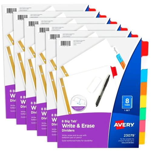 Avery Big Tab Write & Erase Dividers for 3 Ring Binders, 8-Tab Set, Multicolor Divider Tabs, Great for Organizing Projects, Reports, Finances, and More (6-Pack of 23079)