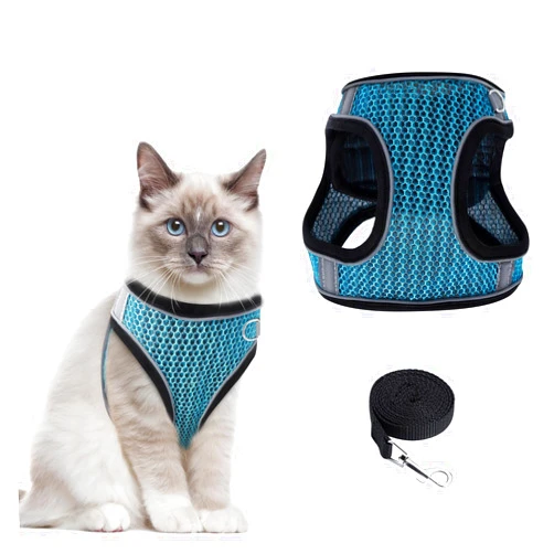 Ankilo Newest Step-in Air Dog Harness, Cat Harness and Leash, Reflective Vest Harnesses, Adjustable Kitten Harness for Large Small Cats Dogs, Lake-Blue XS