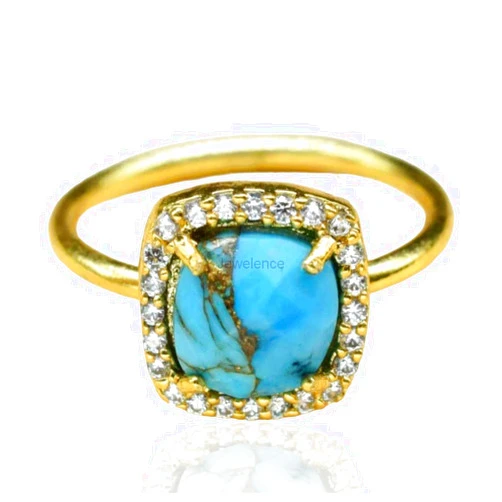 Jewelence 22K Yellow Gold Overlay Solid Sterling Silver Ring For Womens Blue Copper Turquoise Cubic Zirconia Ring Sterling Silver Statement Ring Blue Gemstone Ring