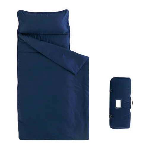 Wake In Cloud - Toddler Nap Mat with Pillow and Blanket, for Kids Boys Girls in Kindergarten Daycare Preschool Pre K, Roll Up Sleeping Bag, Solid Color, Navy Blue, Standard