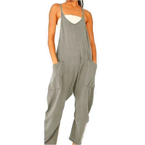 HUMMHUANJ Jumpsuits for Women V Neck Sleeveless Casual Rompers Adjustable Spaghetti Straps Baggy Overall Jumpers with Pocket