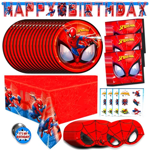 Unique Spiderman Birthday Decorations | Spiderman Party Supplies | Serves 16 Guests | Marvel Superhero Spidey and His Amazing Friends | Table Cover, Spider Man Banner, Plates, Napkins, Masks and Button |