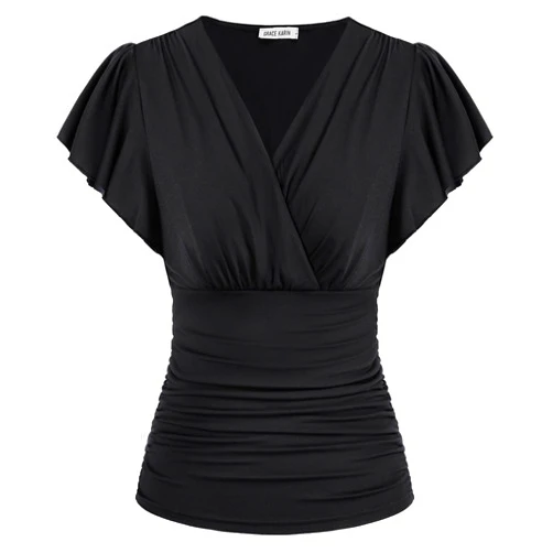 GRACE KARIN 2025 Womens Tops Summer Wrap Blouse V Neck Ruffle Sleeve Dressy Casual Top Ruched Trendy Clothes