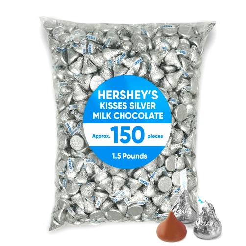 CHAIN & JO SWEETS Hershys Kisses Silver Foiled Classic Milk Chocolate - 1.5 Pounds approx 150 pieces of Chocolate Candy Individually Wrapped - Ideal for Snacking and Sharing wit Family & Friends - Halloween Candy, Bulk Candy Individually Wrapped, Chocolate Candy Ideal for Parties & Gifting