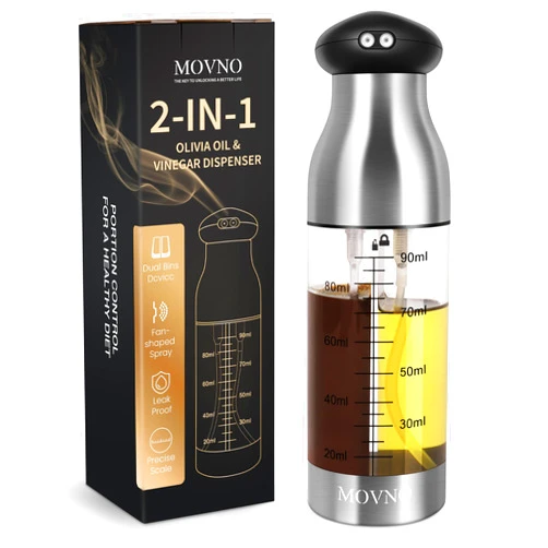MOVNO 2 in 1 Oil Sprayer for Cooking, 90ml+90ml Dual-Chamber Oil and Vinegar Dispenser Bottle, Olive Oil Dispenser for Air Fryer Vinegar, Salad, BBQ, Kitchen Baking, Roasting
