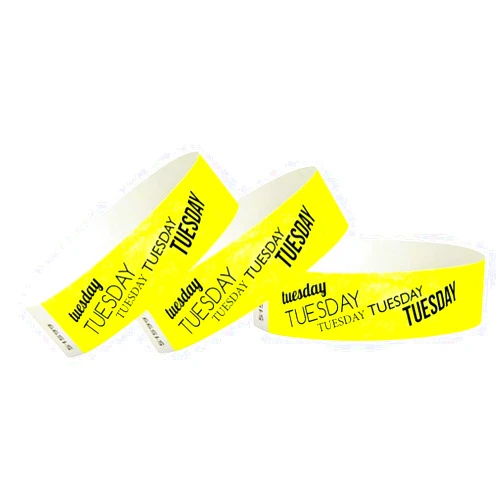 Wristco 500 WristCo Tuesday Neon Yellow Tyvek Wristbands for Events - ¾” x 10” - Waterproof Recyclable Comfortable Tear Resistant Paper Bracelets Wrist Bands for Concerts Festivals Admission Party
