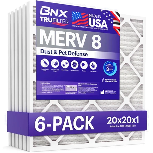 BNX TruFilter 20x20x1 Air Filter MERV 8 (6-Pack) - MADE IN USA – Dust & Pet Defense Electrostatic Pleated Air Conditioner HVAC AC Furnace Filters for Dust, Pet, Mold, Pollen MPR 600 – 700 & FPR 5