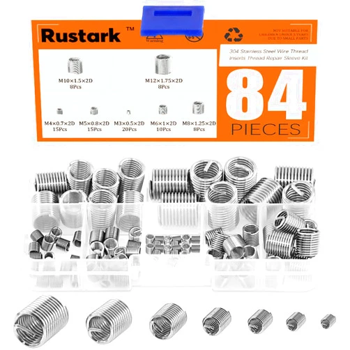 Rustark 84 Pcs 304 Stainless Steel Metric M3 M4 M5 M6 M8 M10 M12 Wire Thread Inserts Steel Sheath Helicoil Type Screw Repair Sleeve Assortment Kit