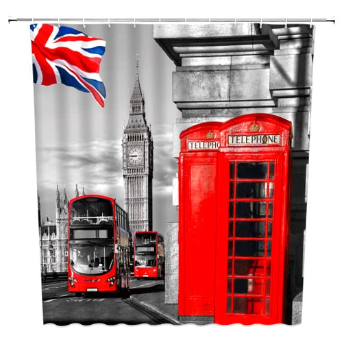 WZFashion London Shower Curtain Red Telephone Booth in Street Romantic City Scenery Old Street Big Ben Vintage England UK Flag Retro Fabric Bathroom Curtain Set