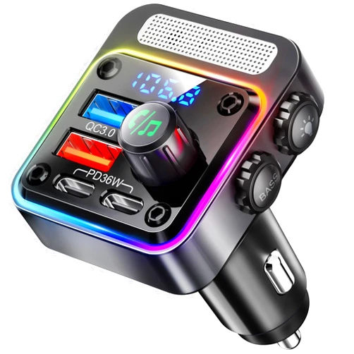 Nulaxy 54W Bluetooth 5.3 Car Adapter Charger 4-Port Fast Charging [PD36W & QC3.0 18W], Wireless Radio FM Transmitter with Deep Bass Player, 5 Colors LED Backlit, Hands-Free Calling, Support USB Drive
