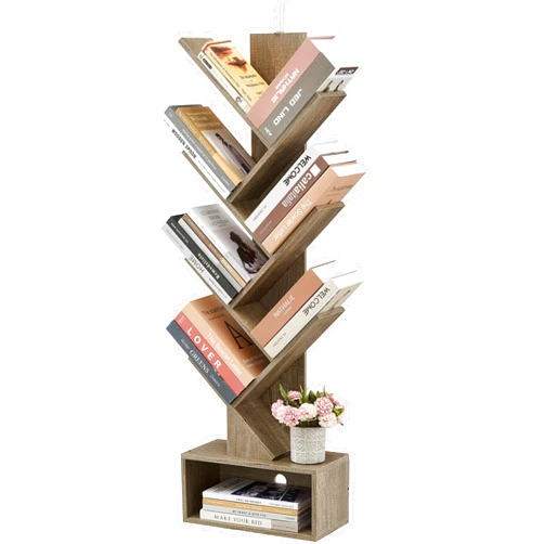 Hoctieon 6 Tier Tree Bookshelf, Tall Bookcase with Drawer, Freestanding Book Shelf, Display Floor Standing Storage Shelf, Book Organizer Shelves for Home Office, Living Room, Bedroom, Greige