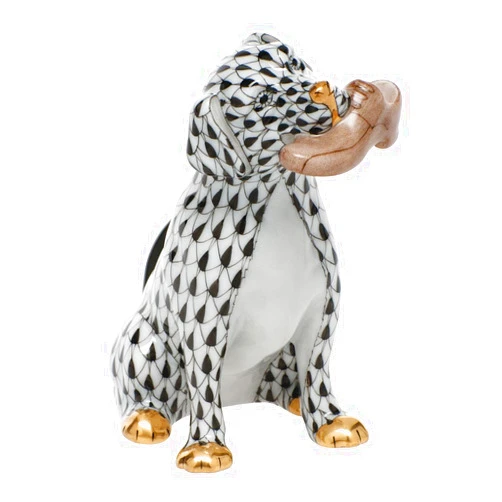 Herend Figurine Dog With Shoe Black Fishnet