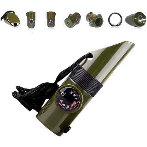Dewould Outdoor Multifunctional Survival Whistle, 7-in-1 with LED Light, Thermometer, Compass for Hiking, Camping, Mountaineering