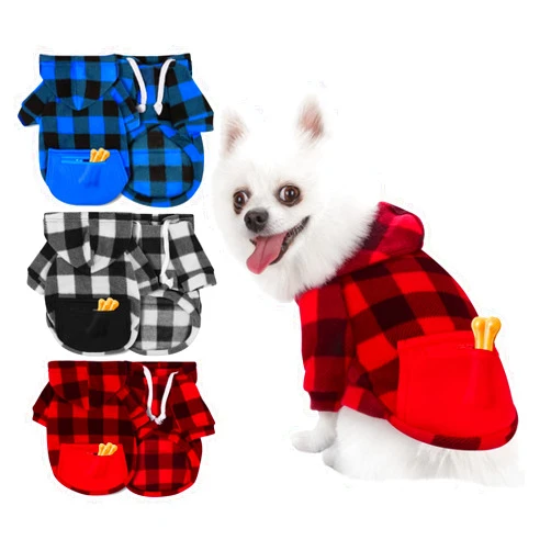Stablerice 3 Pieces Plaid Dog Hoodie Pet Clothes Sweaters with Hat and Pocket Christmas Classic Plaid Small Medium Dogs Winter Clothing Warm Pet Fleece Hooded Coat Cold Weather Pet Clothes for Dogs and Cats
