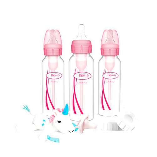 Dr. Brown's Natural Flow Anti-Colic Options+Narrow 8oz/250mL Baby Bottle + Lovey Gift Set with Level 1 Slow Flow Nipples, Pink