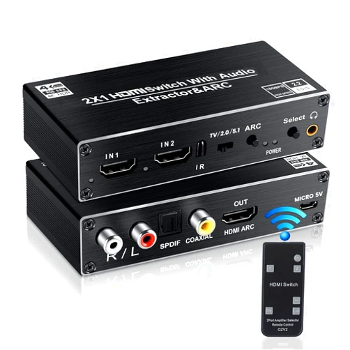avedio links HDMI Switch Audio Extractor, HDMI Switch Splitter 2 Inputs 1 Output with Remote 4K@60hz, 2-Port HDMI2.0b Switcher Box with Optical Toslink SPDIF+Coaxial+Analog RCA Stereo Audio Out