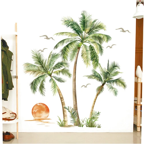 decalmile Large Boho Palm Tree Wall Decals Tropical Plant Sunset Beach Wall Stickers Living Room Bedroom Office Wall Decor (Tree H: 53 inches/135 cm)