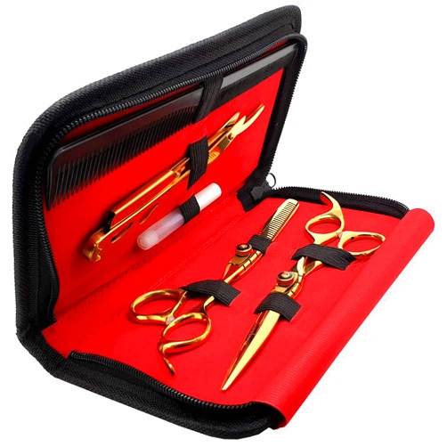 Saaqaans MSS-03 Professional Haircut Scissors Set - Package includes Barber Scissor, Thinning Shear, Straight Edge Razor, 10 x Derby Double Edge Blades & Hair Comb in Stylish Scissors Case (Gold USA)