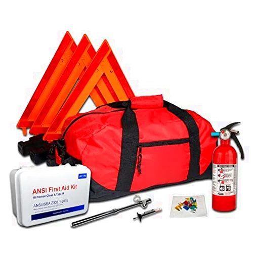 Safety and Trauma Supplies DOT OSHA Compliant Kit with 2lb 5BC Fire Extinguisher by Kidde Model FA5G and Tire Inspection Gauges