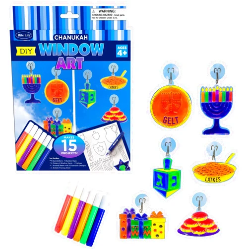 Rite Lite Hanukkah Window Art DIY Fun Suction Window Decorations Kit - Includes 6 Suncatchers, 6 Suction Cups, Paints & Outliner Chanukah Ornaments Gifts Gelt, Menorah, Latkes Home Decor Craft Kit