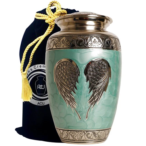 Artizans Cremation Urns Handcrafted Artizans Cremation Urn Memorial Container Jar Pot | Brass Keepsake Beautiful Cremation Urn for Adult Ashes, Funeral Urn Human Ashes | Wings Theme (Large- Silver)