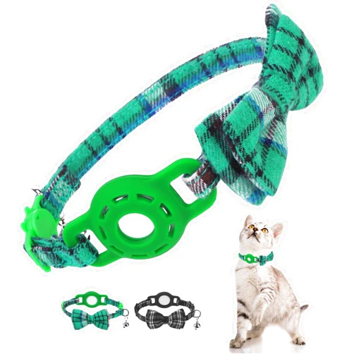 DILLYBUD Airtag Cat Collar Breakaway with Bells and Bowtie -Upgraded Safety Kitten Collar for Air Tag Holder -Cute GPS Cat Tracker Collars for Girl Boy Cats, Kitty and Puppies, Green