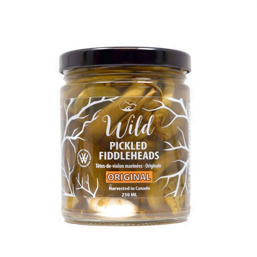 WEST COAST WILD FOODS QUALITY INTEGRITY SUSTAINABILITY Wild Pickled Fiddleheads - Original - (Garlic + Bay Leaf | 250ml - 8oz)