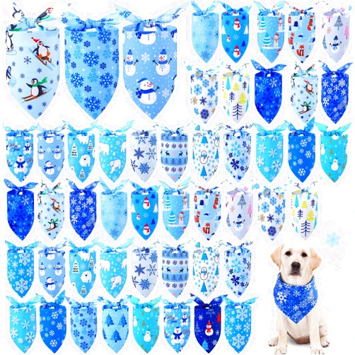 Abbylike 50 Pieces Winter Dog Bandanas Bulk Blue Snowflake Dog Bandanas for Pets Triangle Kerchief Scarf Bibs for Winter Pets Cats Party Costume Accessories (25.6 x 17.7 x 17.7)