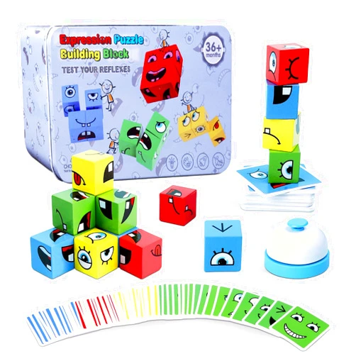 Safmord Montessori Puzzle Game for Kids - Wooden Face Changing Magic Cube Game, Educational Face Changing Cubes, 3+ Years (64 Cards, 16 Blocks, 1Bell)