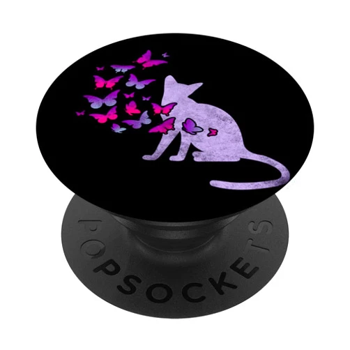 Cats by Fluffabulous Prints Cat silhouette and butterflies, black purple PopSockets Adhesive PopGrip