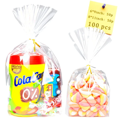 Labeol Clear Cellophane Bags 100Pcs Gusset Bottom Clear Gift Bags Treat Bags with Ties 8X11 6X9 Goodie Bags Party Favor Bags Cellophane Wrap for Popcorn Cookie Candy
