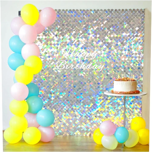 Kate Iridescent Silver Shimmer Wall Backdrop Mermaid Panels 24Pcs Sequin Wall Panel Backdrop for Birthday Anniversary Engagement Bachelorette Parties Decorations