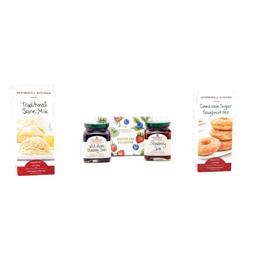Stonewall Kitchen Classic Jam, Traditional Scone Mix & Cinnamon Sugar Doughnut Mix Gift Bundle Set
